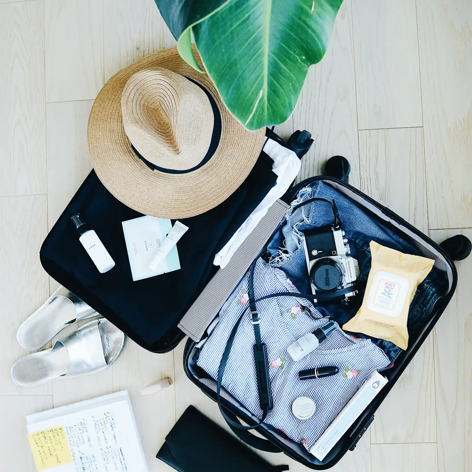 An open suitcase with a sun hat, camera, sandals and travel essentials on a wooden floor