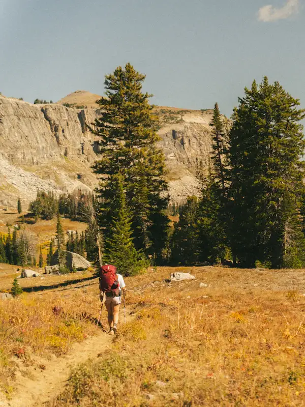 A hiker with a backpack walking a trail through autumn mountains